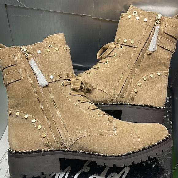 BNIB Sam Edelman Jennifer Studded Combat Suede Boots Tan 9M - Picture 13 of 13